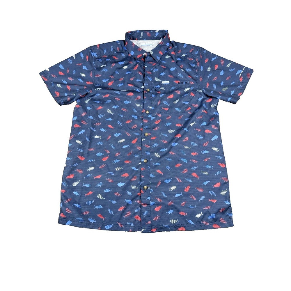 Columbia Shirt Mens Size Medium Blue PFG Vented Fishing Button Up Short Sleeve